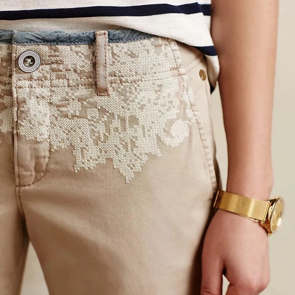Anthropologie Pilcro the Letterpress Hyphen Embroidered Chinos Pants Beige 30